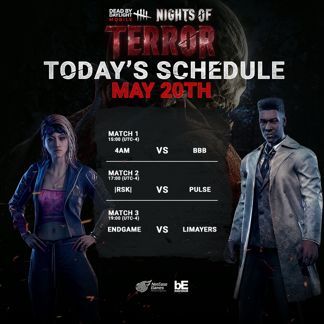 DbDMobile's tweet photo. Today's matches are between 4AM, BBB, RSK, PULSE, ENDGAME and LIMAYERS.โ๏ธ
Support them live at 15:00 (UTC-4)!
Youtube: https://t.co/xNlUhAe0bE
Facebook: https://t.co/luEcKvzTAk
Twitch: https://t.co/D8uzAdXQOq
#DeadbyDaylightMobile #DbDMNightsofTerror https://t.co/HIArlaIUdo