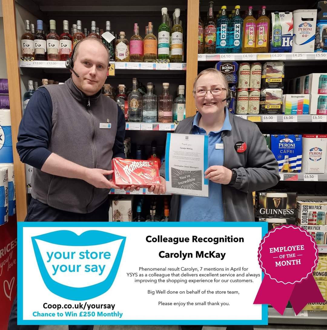 ChrisJMIDD's tweet photo. Thank you to all Brae Co-op customers that take the time to recognise our store colleagues, Carolyn was made up with the comments that came through.

A real asset to the team and always supporting others. 

Thank you as always Carolyn. https://t.co/eY9B1dR32R