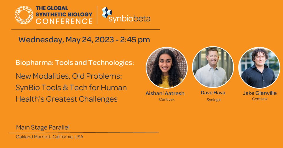 SynBioBeta (@synbiobeta) on Twitter photo What challenges does synbio face in bringing effective solutions to clinic? How are tools like AI and computational design impacting the field? Find out at #SynBioBeta2023: synbiobeta.com <a href="/avaatresh/">Aishani Aatresh</a> @davehava <a href="/CurlyJungleJake/">Dr. Jacob Glanville</a> <a href="/synlogic_tx/">Synlogic</a>
<a href="/centivax/">Centivax</a> What challenges does synbio face in bringing effective solutions to clinic? How are tools like AI and computational design impacting the field? Find out at #SynBioBeta2023: synbiobeta.com <a href="/avaatresh/">Aishani Aatresh</a> @davehava <a href="/CurlyJungleJake/">Dr. Jacob Glanville</a> <a href="/synlogic_tx/">Synlogic</a>
<a href="/centivax/">Centivax</a>