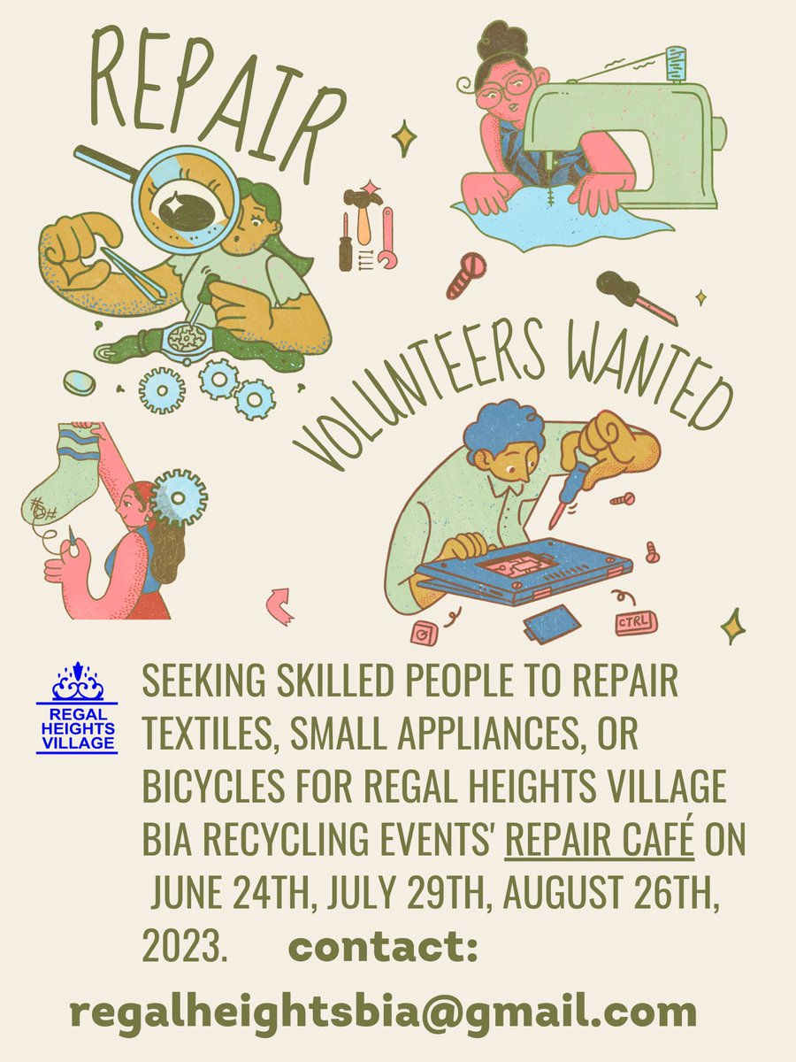 ✨Call for REPAIR volunteers! 🛠️🧵🚲♻️ Seeking appliance, bicycle & textile repair folks. For 3x Recycling events : June 24, July 29, August 26, 2023 10am-4pm, w/ Regal Heights Village BIA Toronto @rhvbia Contact: regalheightsbia@gmail.com #reducereuserecycle #circulareconomy