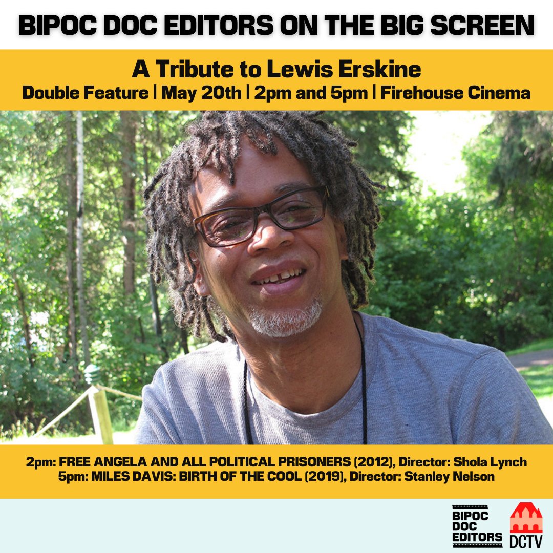 Join us at DCTV's Firehouse Cinema TODAY for two great films and conversations in tribute of legend Lewis Erskine (1957-2021).

2pm: FREE ANGELA AND ALL POLITICAL PRISONERS (2012) 
5pm: MILES DAVIS: BIRTH OF THE COOL (2019)

Tickets: firehousecinema.dctvny.org/lewiserskine