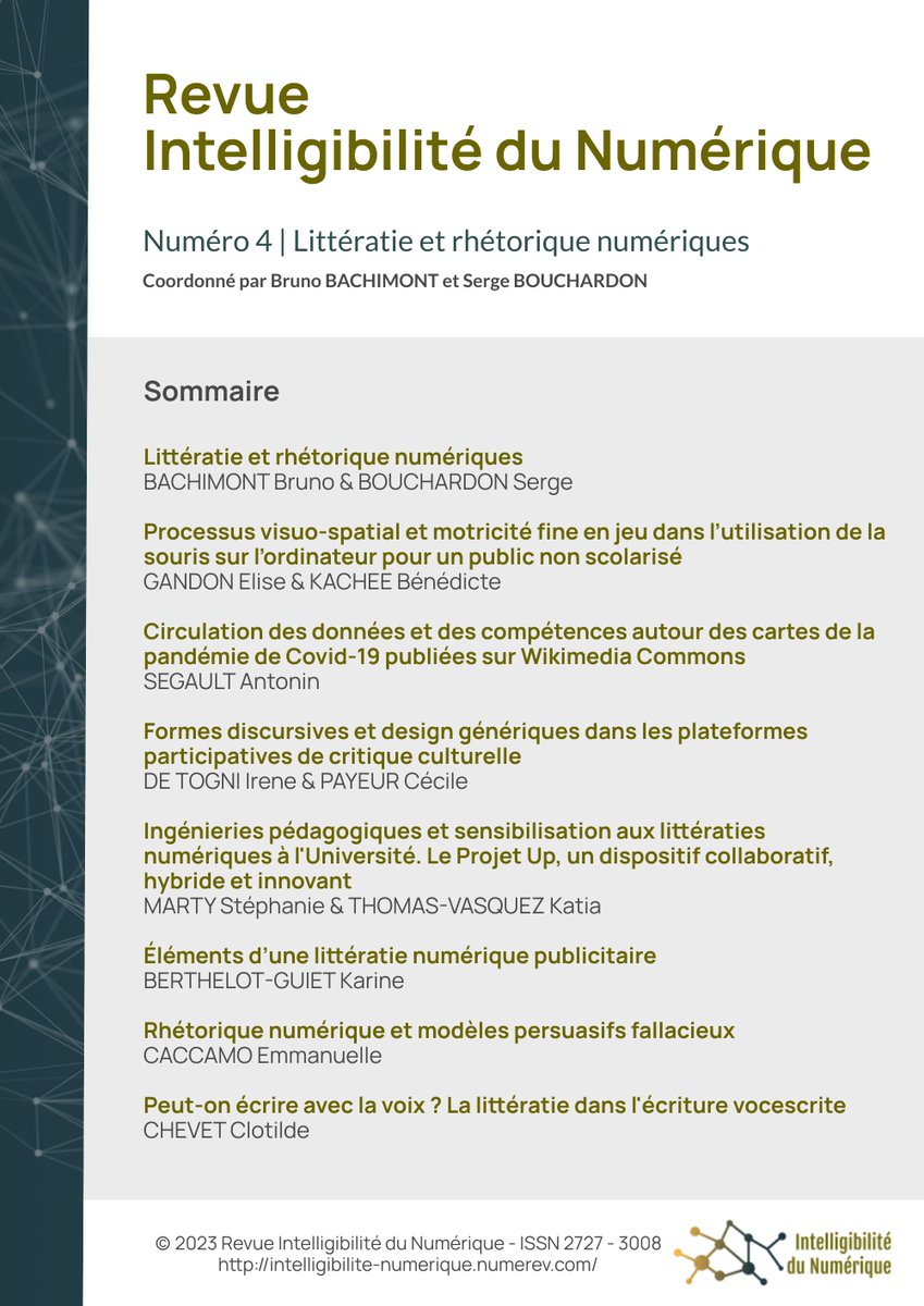 Revue Intelligibilité du numérique 
Parution du n°4 « Littératie et rhétorique numériques » coordonné par Bruno Bachimont &amp; Serge Bouchardon.
intelligibilite-numerique.numerev.com/num.../n-4-2023