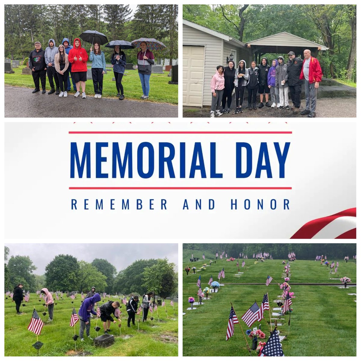 #NCASD National Honor Society Students along with Ms. Beck and Mr. Carley braved the rain to honor America's Bravest by placing flags on the veterans' graves at Oak Park and Saints Philip and James Cemeteries  #NCProud #NHS #memorialday2023