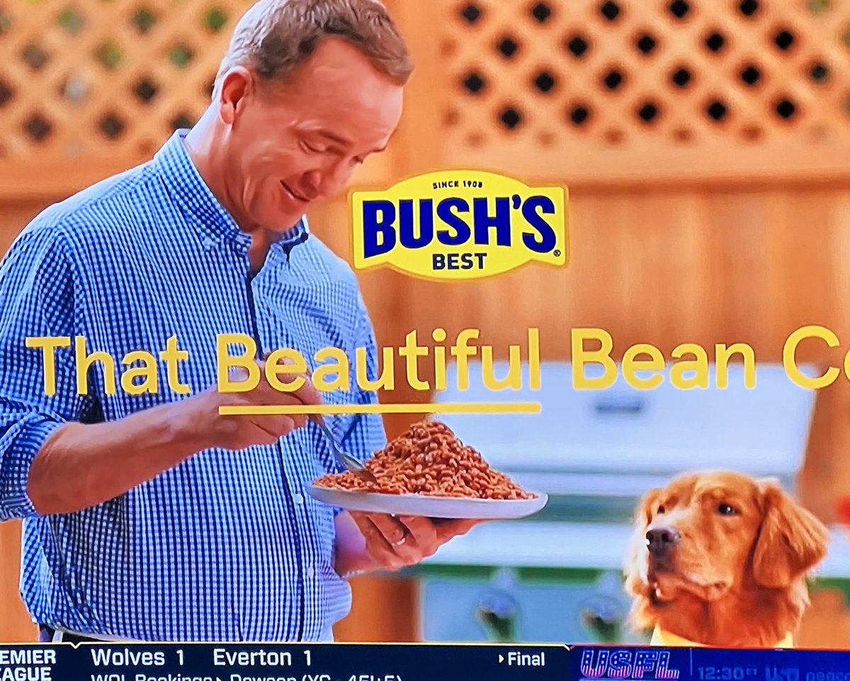 Oh no. Peyton was wearing his Bush Beans commercial shirt at the game. Peytonnnnn!