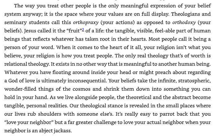 "The way you treat other people is the only meaningful expression of your belief system anyway; it is the space where your values are on full display."
"When it comes2the heart of it all, your religion isn't what you believe, your religion is how you treat people."
<a href="/johnpavlovitz/">John Pavlovitz</a>