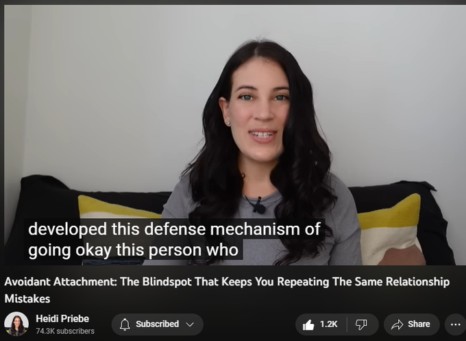 Avoidant Attachment: The Blindspot That Keeps You Repeating The Same Relationship Mistakes
https://www.youtube.com/watch?v=esJj49ARgVA