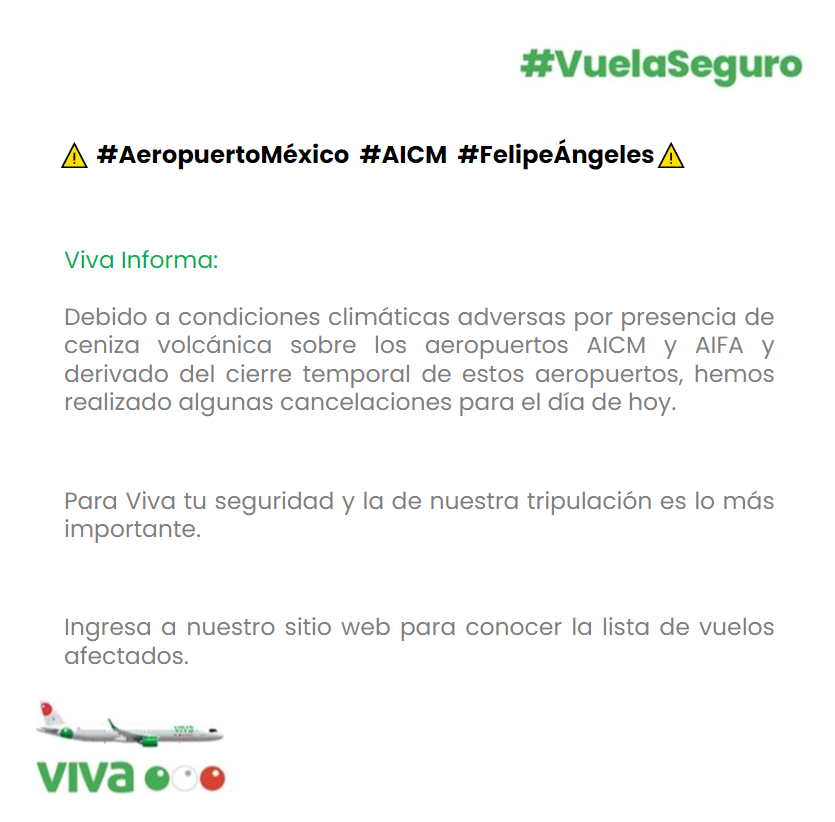 VivaTeEscucha's tweet photo. #VivaInforma #AvisoImportante⚠️🌋
#AeropuertoAICM #AeropuertoFelipeAngeles

Revisa la información detallada relacionada con esta afectación en el siguiente enlace 👉 https://t.co/0uzdRBHEw4 https://t.co/0zer6GbeuD