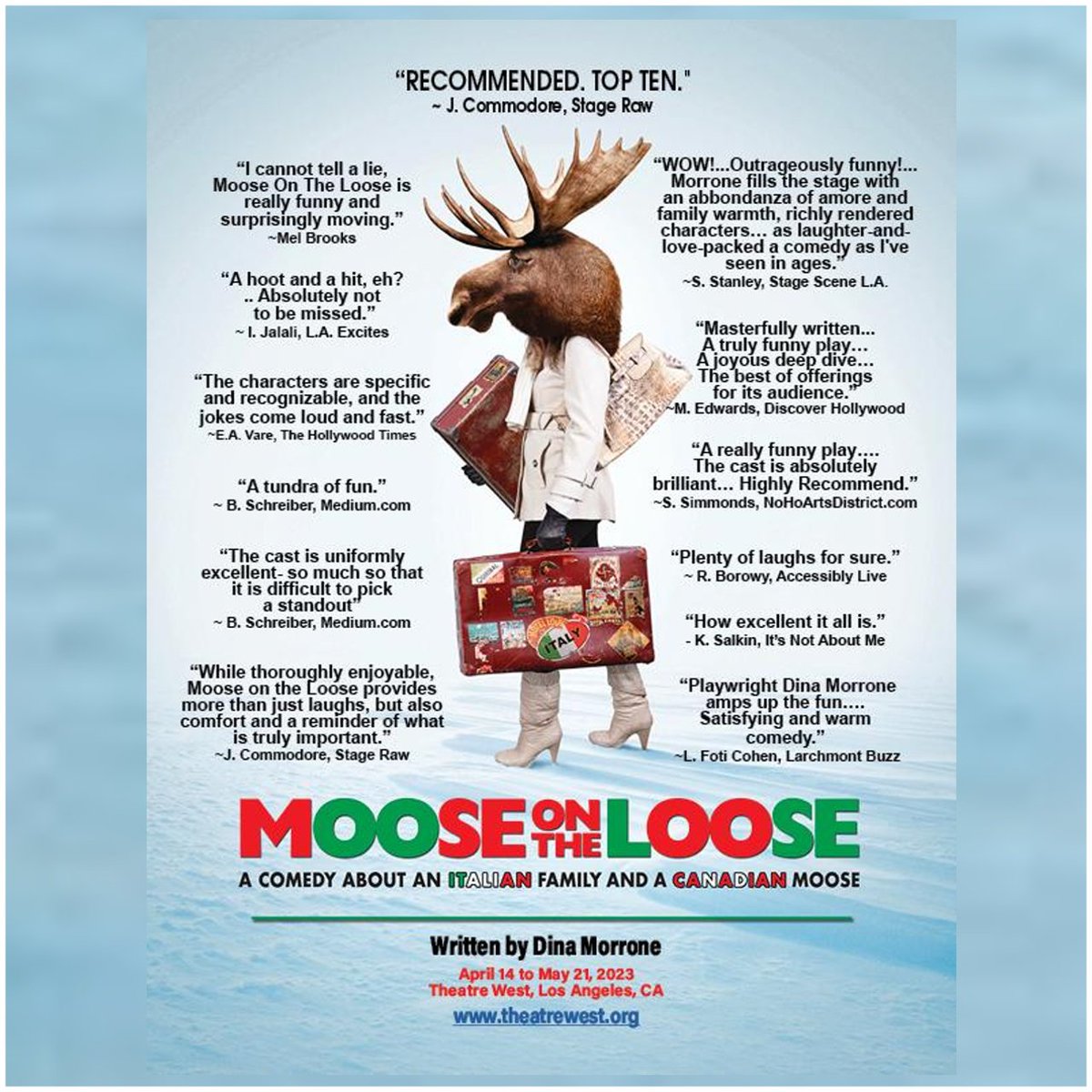 The MOOSE won't be on the LOOSE much longer. Just TWO more shows!

Link in bio for tickets.

See you onstage!

#LAThtr #losangelestheatre #TheatreWest #nohoartsdistrict #comedy #theatre #Italian #Canadian #immigrants #moose #mooseontheloose #femaleplaywrights #dinamorrone