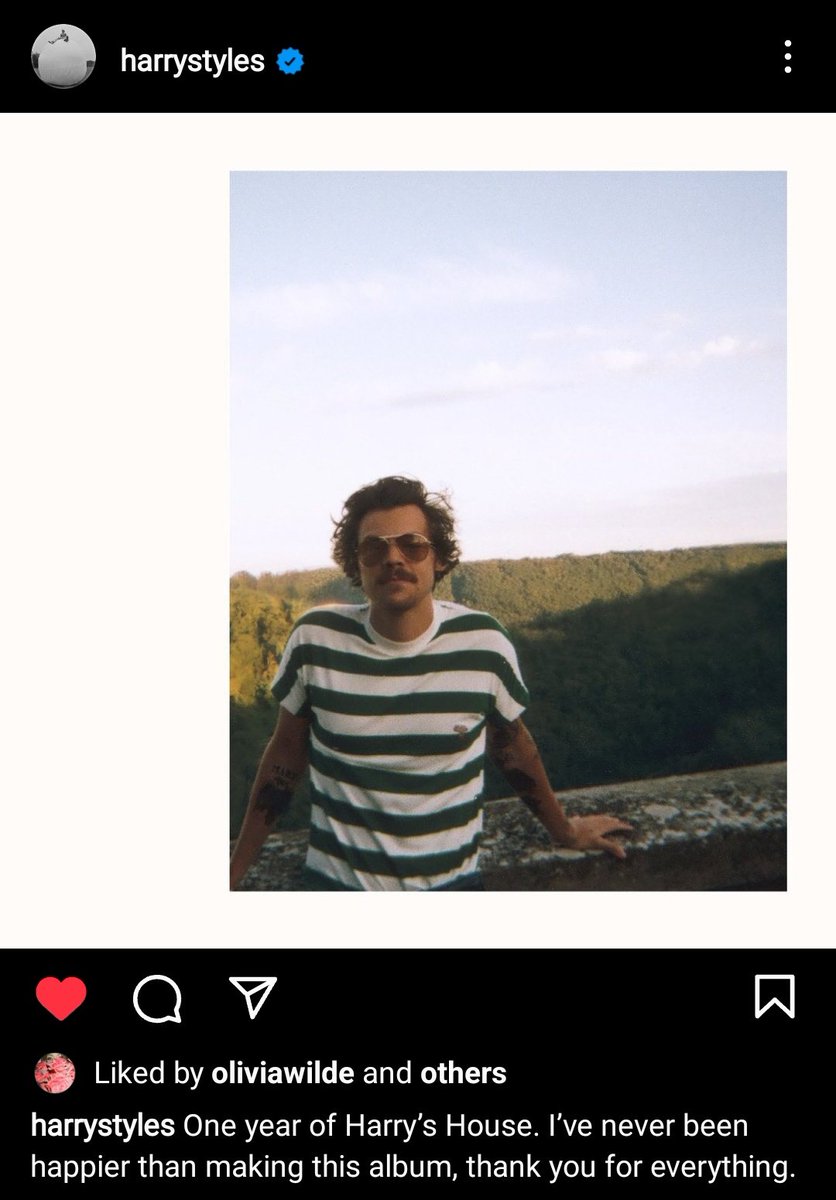 WildeUpdates's tweet image. Olivia liked Harry Styles's post celebrating 1 year of Harry's House!