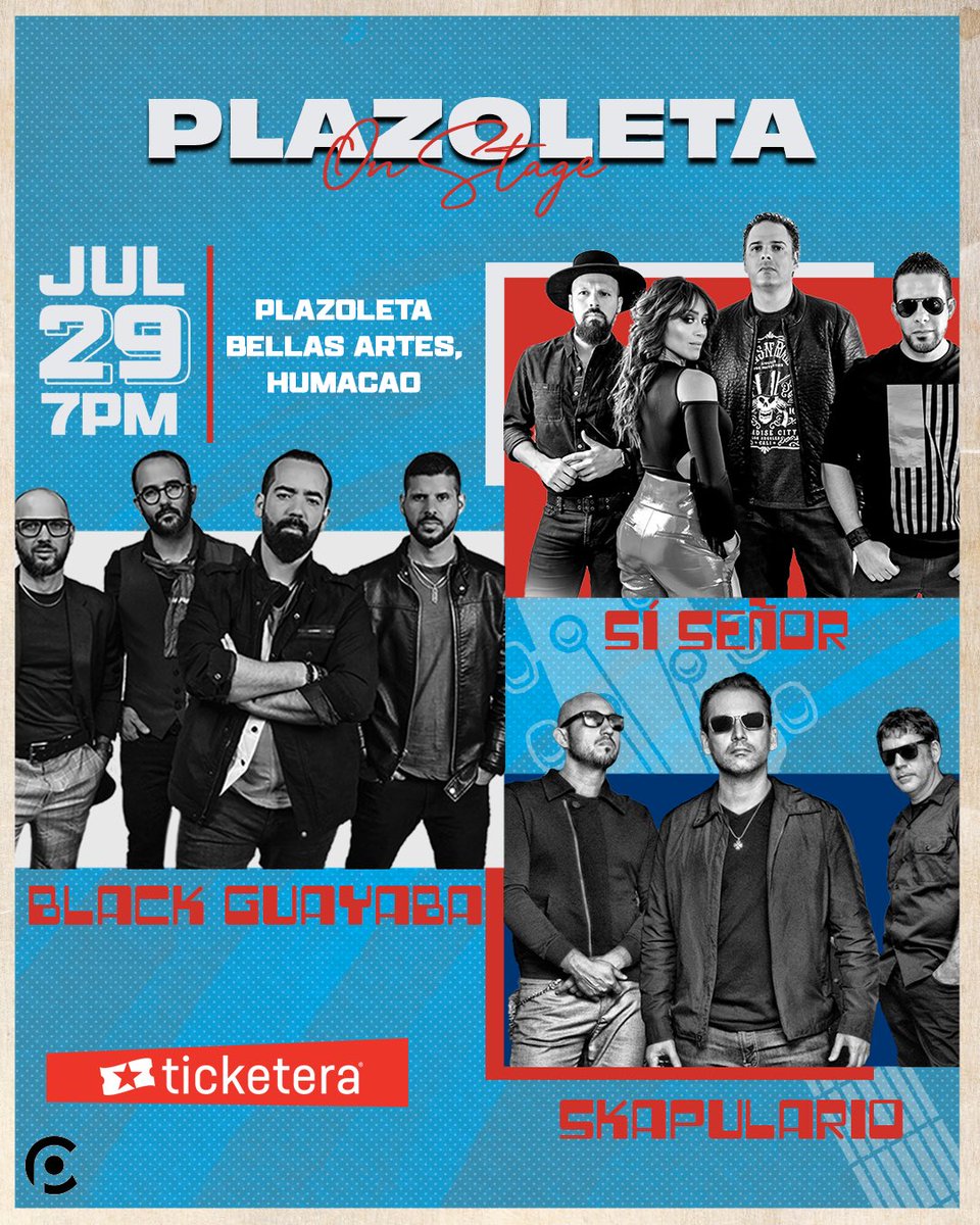 REGRESA EL ROCK A PLAZOLETA ON STAGE 

🎫 Boletos ticketera.com/plazoletaonsta…

¡Nos vemos el 29 de julio! 

#PlazoletaOnStage 
#BlackGuayaba #SiSeñor #Skapulario #Odisea #DaniloBeauchamp #Rock #pr #musica #evento #ticketera 

<a href="/blackguayaba/">BLACK GUAYABA</a> <a href="/BandaSkapulario/">Skapulario</a> <a href="/ticketera/">ticketera</a>
