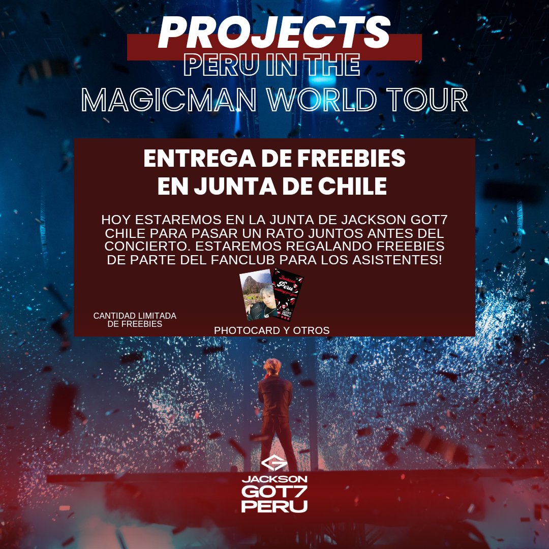 Jackson_G7Peru's tweet photo. ✧ 𝐏𝐑𝐎𝐉𝐄𝐂𝐓𝐒: ᴘᴇʀᴜ ɪɴ ᴛʜᴇ ᴍᴀɢɪᴄᴍᴀɴ ᴡᴏʀʟᴅ ᴛᴏᴜʀ
ENTREGA DE FREEBIES EN JUNTA DE CHILE 🇵🇪 🇨🇱
Nos vemos más tarde en la junta de @JSGOT7Chile!!
#MAGICMANWorldTour
#Jackson #JacksonWang #JacksonGOT7Peru
#MAGICMAN @JacksonWang852 #JacksonWangWorldTour https://t.co/GNL54Rm662
