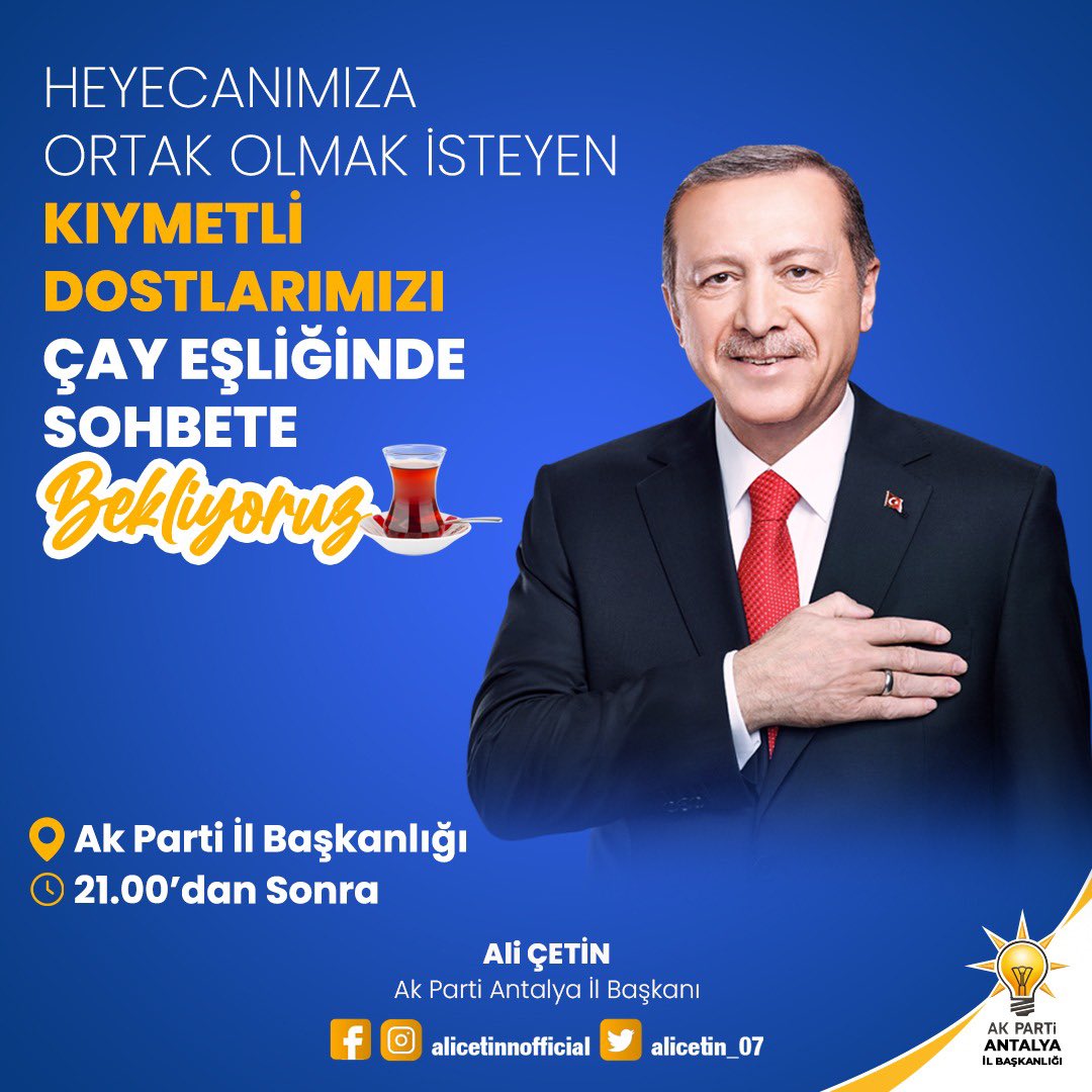 Heyecanımız Ortak Olmak İsteyen Kıymetli Dostlarımızı 

⏰ Saat 21:00 den sonra 

📍İl Başkanlığımızın Önünde 

☕️ Çay Eşliğinde Sohbete Bekliyoruz