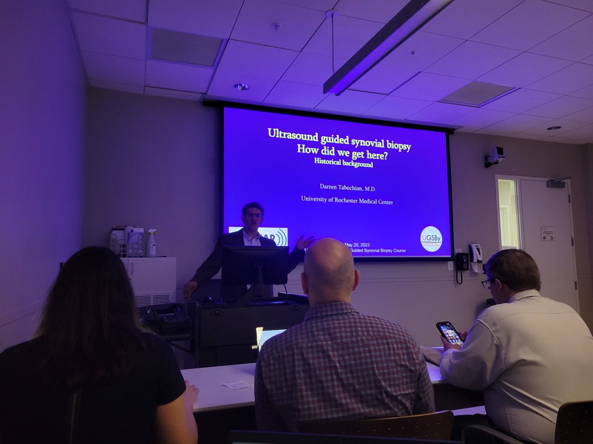 USSONAR_Rh's tweet photo. Day 3 of the USSONAR Multitrack course - #Ultrasound Guided Synovial Biopsy!

Dr Tabechian discusses the hx of USG synovial bx:
✅USG techniques are safe &amp; equivalent to arthroscopy
🎯Synovial tissue bx identifies biomarkers &amp; therapeutic targets
#precisionmedicine @ExagenInc https://t.co/Fsl0OtFBCT