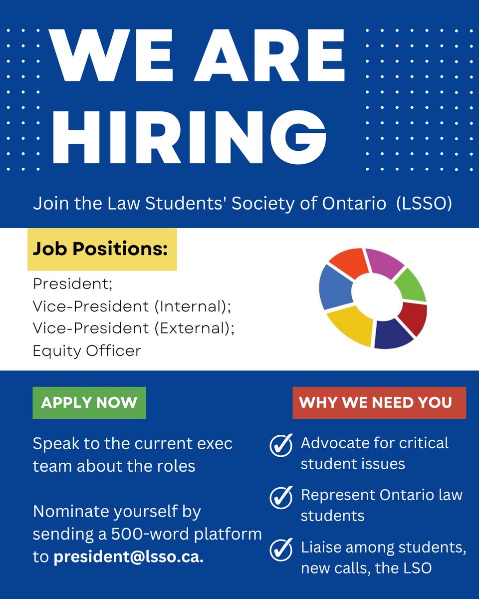 Don’t forget to nominate yourself, or one of your colleagues for the 2023-2024 LSSO Executive Team by Monday, May 22nd at 11:59pm!

For election details visit: lsso.ca/post/lssoelect…

Contact the LSSO President, at president@lsso.ca with any questions or concerns.

#lawtwitter