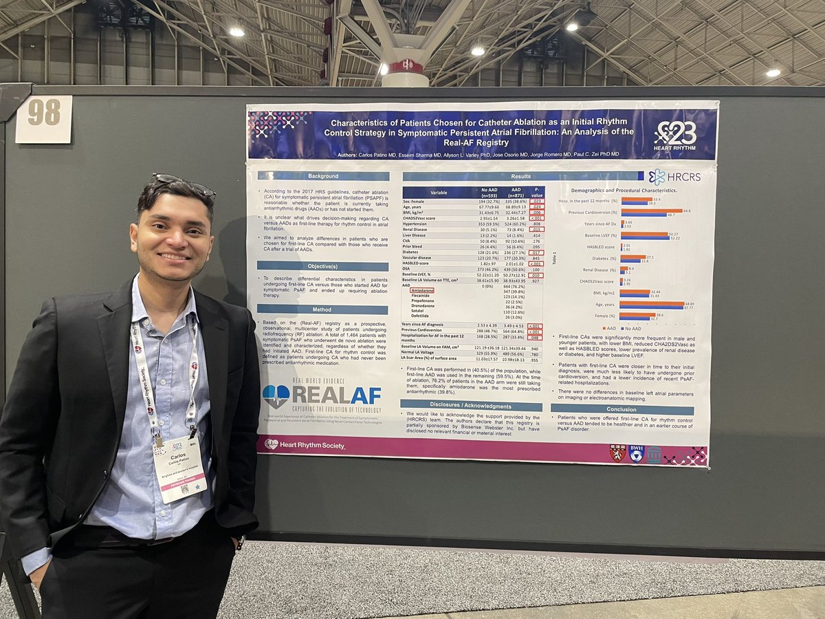 HRCRS_EP's tweet photo. Great to meet @Candrew2000 today at #HRS2023 👏🏻 his poster presented analyses examining characteristics of patients with PsAF chosen for ablation as an initial rhythm control strategy. @josoriomd @EsseimS @JorgeERomeroMD https://t.co/AXw5nV4sXy
