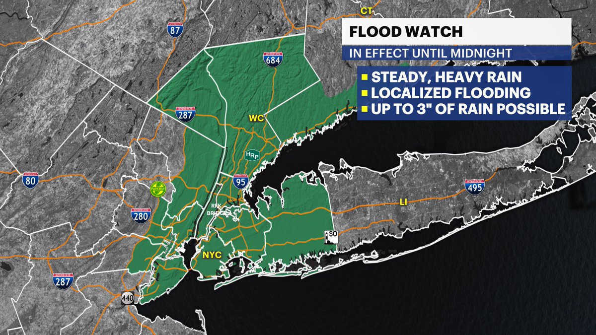 AlexCalamiaWx's tweet photo. A Flood Watch includes the city, Nassau County, and Westchester &amp; Rockland county. 

Up to 3” of rain is possible in these spots this afternoon and evening. Driving will be tricky and should be avoided if possible in these areas. https://t.co/iuZqRNxrTy