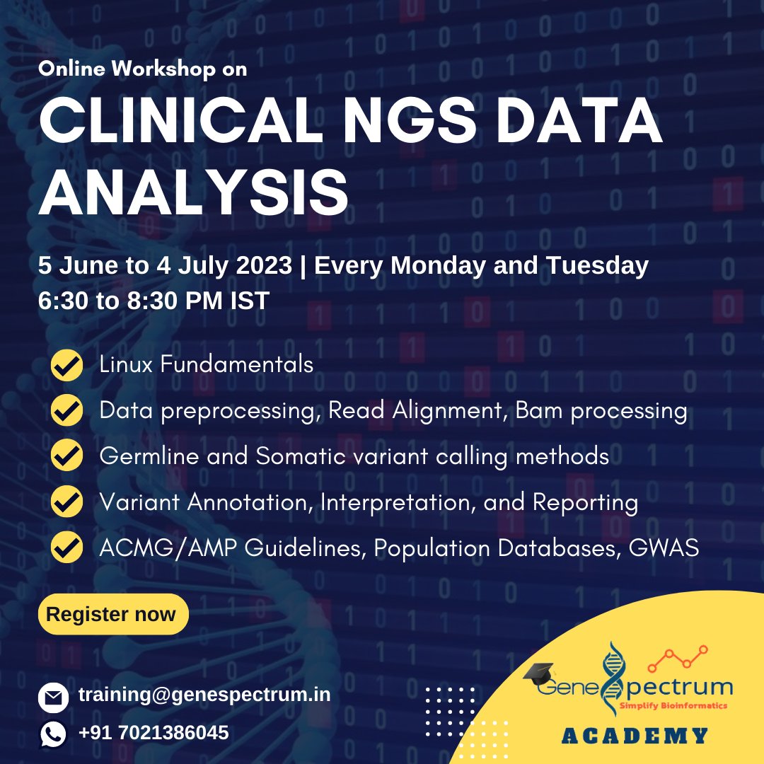 GeneSpectrum Life Sciences (@genespectrum) on Twitter photo Unlock the potential of clinical NGS with our upcoming workshop & take your research to new heights. For more information & registration, visit genespectrum.co.in/training/clinn…
#Genomics  #Bioinformatics Unlock the potential of clinical NGS with our upcoming workshop & take your research to new heights. For more information & registration, visit genespectrum.co.in/training/clinn…
#Genomics  #Bioinformatics