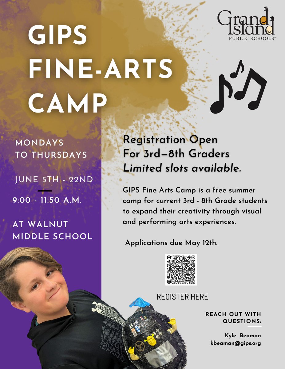 GIPublicSchools's tweet photo. Calling all 3rd - 8th Grader... 

Artists, Singers, Musicians, And More! 

Registration for the Summer GIPS Fine Arts Camp is now OPEN! 

📅 - June 5th - 22nd 
⌚️ - 9:00 a.m. - 11:50 a.m. 

REGISTER: https://t.co/I9E3bC2315 

#WeAreGIPS https://t.co/S21FikQAqg