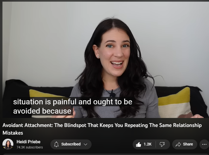 Avoidant Attachment: The Blindspot That Keeps You Repeating The Same Relationship Mistakes
https://www.youtube.com/watch?v=esJj49ARgVA