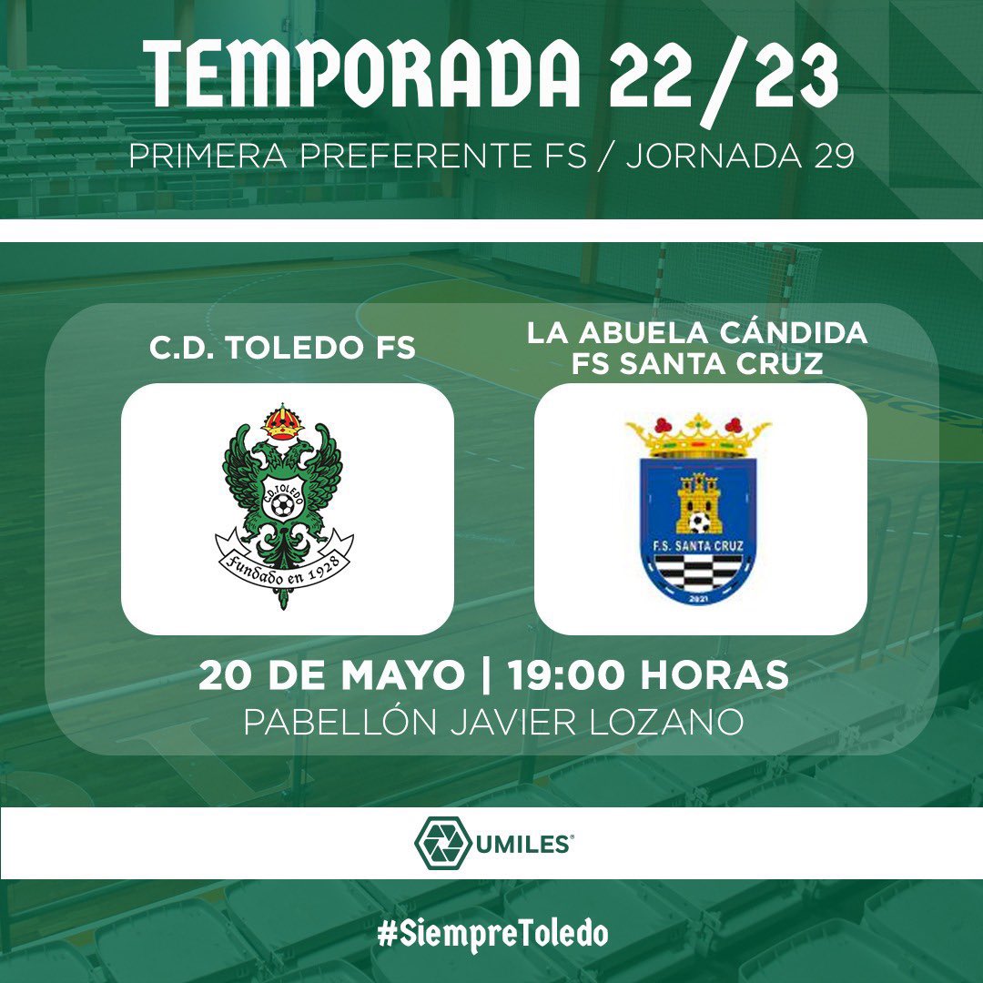 CD_Toledo's tweet photo. 𝗗𝗜́𝗔 𝗗𝗘 𝗣𝗔𝗥𝗧𝗜𝗗𝗢 #CDToledoFS | 

🆚 @cdfs_santacruz 
⌚ 19.00h
🏟️ Pabellón Javier Lozano

#SiempreCDToledo 💚⚪️ https://t.co/kswM3cof08