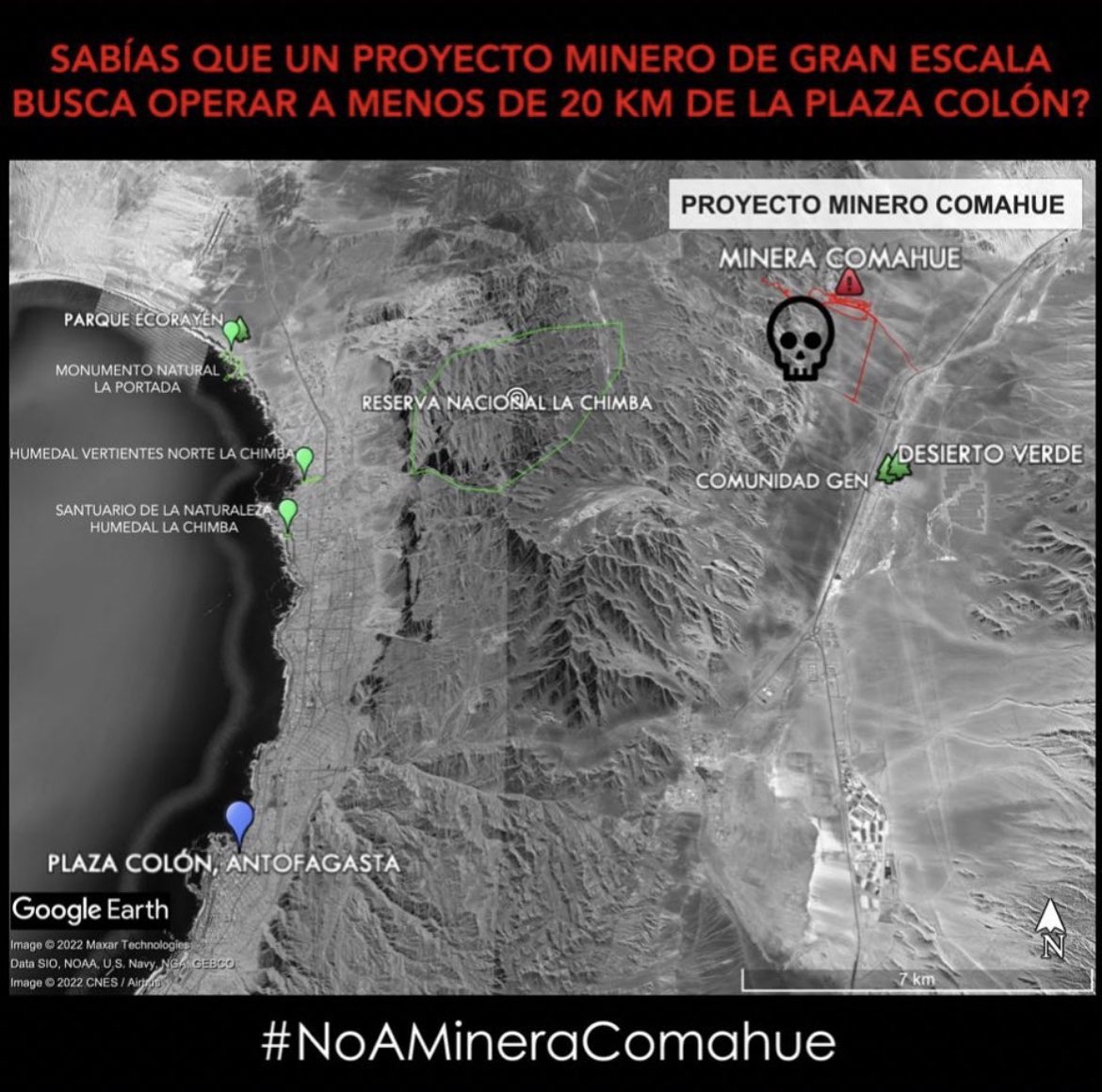 NoAComahue's tweet photo. Cómo el "gob. ecológico" de @GabrielBoric aprueba la instalación de una mina q hará lixiviación a solo 5km de un área protegida con 13 especies en riesgo de extinción y a 12 km de la mayor urbe regional, con ya altísimos índices de cáncer? sin siquiera pedir EIA? #NoAComahue ❌ https://t.co/eayNiC4dXj