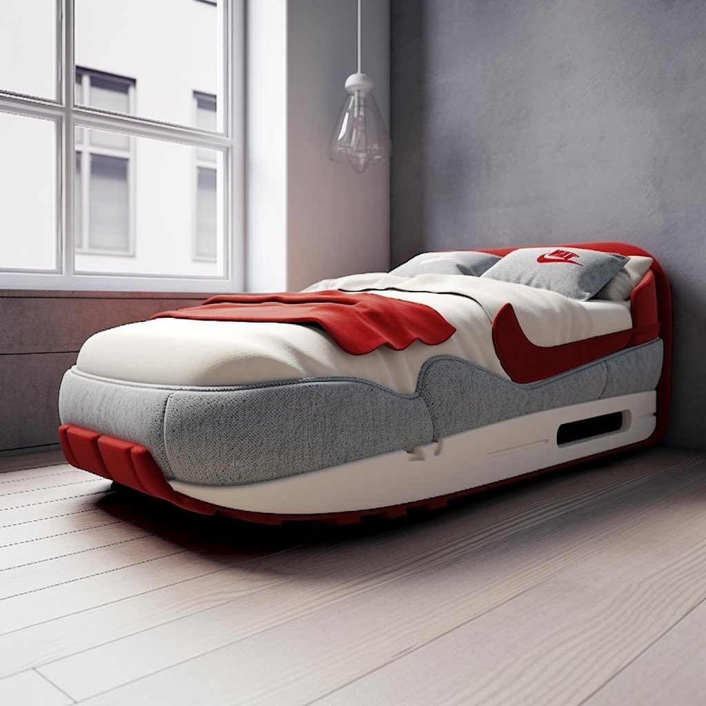 ComplexSneakers's tweet photo. AI-generated sneaker beds. Which one would you sleep in? https://t.co/0eCcQOq4Cc