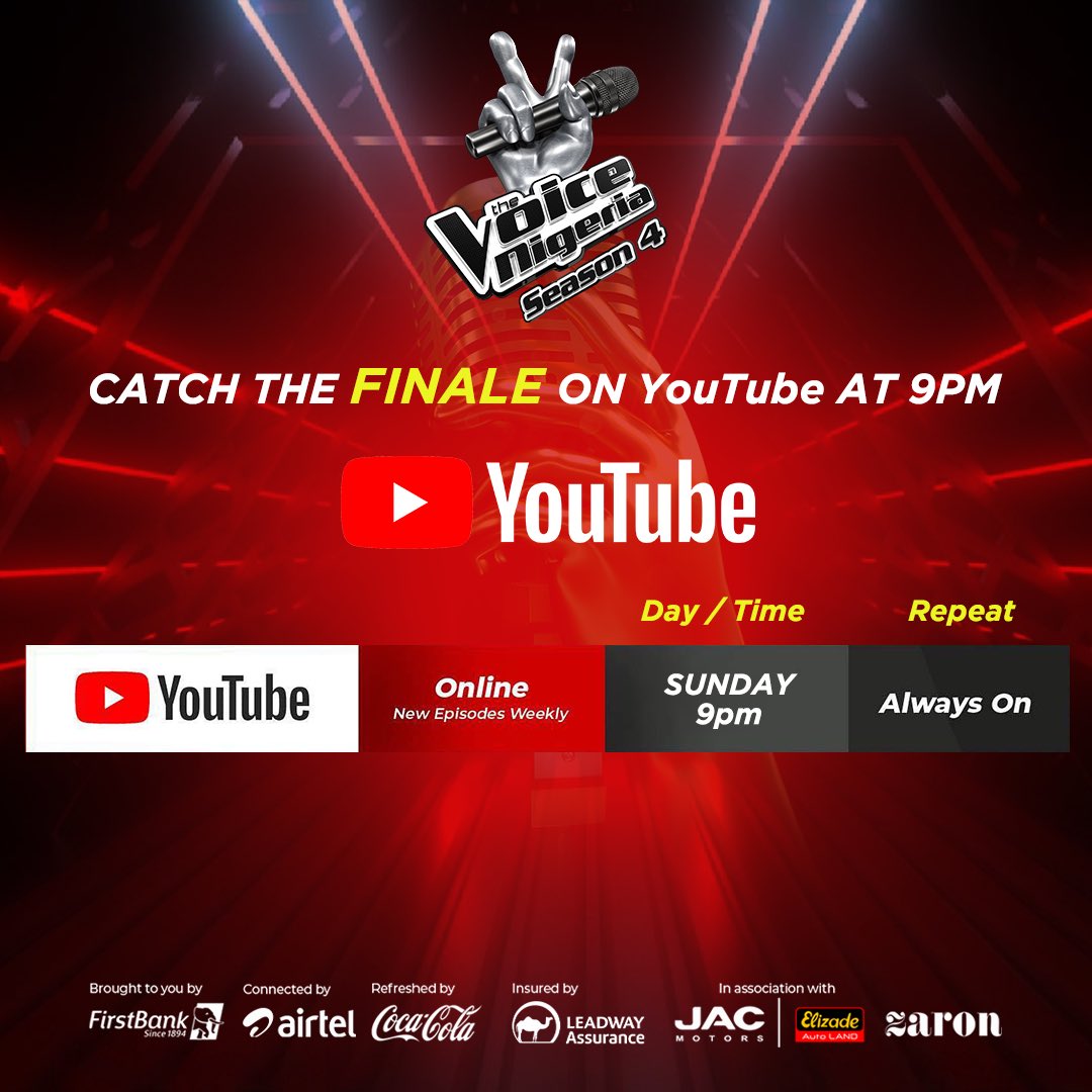 thevoice_NGR's tweet photo. The final episode of the season goes live tomorrow night! Find out which of your favourite talent made it to the top, and who our winner is for the season

Are you ready? Tune In to any of the channels for the season's finale.

#TheVoiceNigeria
#TheVoiceUnstoppable https://t.co/leZc4caEne