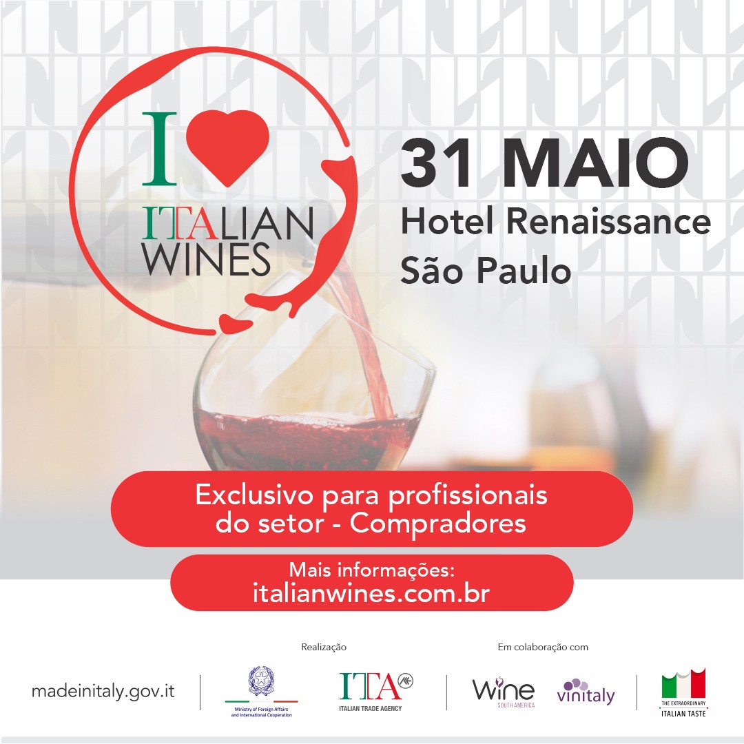 I Love Italian Wines, etapa São Paulo, acontecerá no dia 31/05, no Hotel Renaissance. 35 expositores, entre produtores e importadores, e mais de 300 rótulos. Exclusivo para profissionais do setor (compradores). Acesse o site italianwines.com.br e inscreva-se!