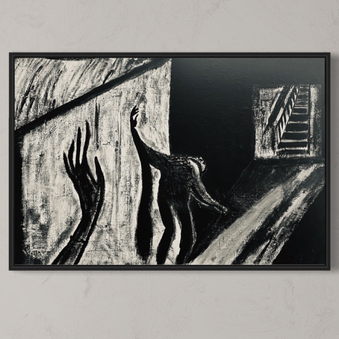 theartofrobart's tweet photo. When we finally appear from the shadows we are all a bit lost. However that is the journey.

#blackandwhite #fineart #monochrome #shadows #staircase #hands #oilpainting #acrylicpainting https://t.co/rt9baaojBd