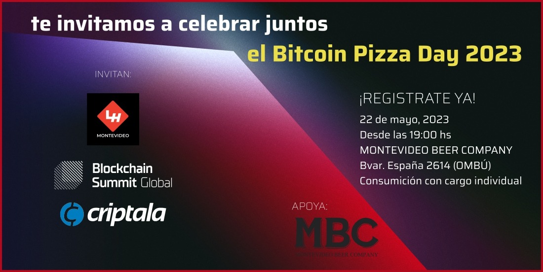 Te invitamos a festejar con nosotros el BITCOIN PIZZA DAY 🍕La cita es el 22/05 en MBC Ombú.
Link de registro: eventbrite.com/e/te-invitamos…