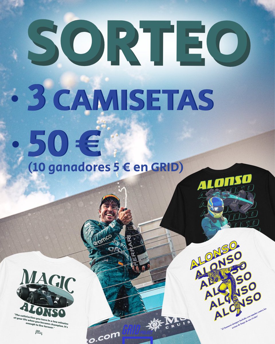 GRIDProject_'s tweet photo. 🚨 ¡SORTEO! 🚨

Sorteamos:
- 3 CAMISETAS
- 50 € (10 ganadores 5 € en GRID) 🏎️

 Cómo PARTICIPAR? 👇

1⃣ Dale ¨Me gusta¨

2⃣ Sigue a @GRIDProject_

3⃣ Menciona a dos amigos/as

OPCIONAL:  Rt

Los ganadores el 1 de junio en stories

MUCHA SUERTE! 🍀

https://t.co/6UvLRVUcNm https://t.co/5kpVCwfpFv
