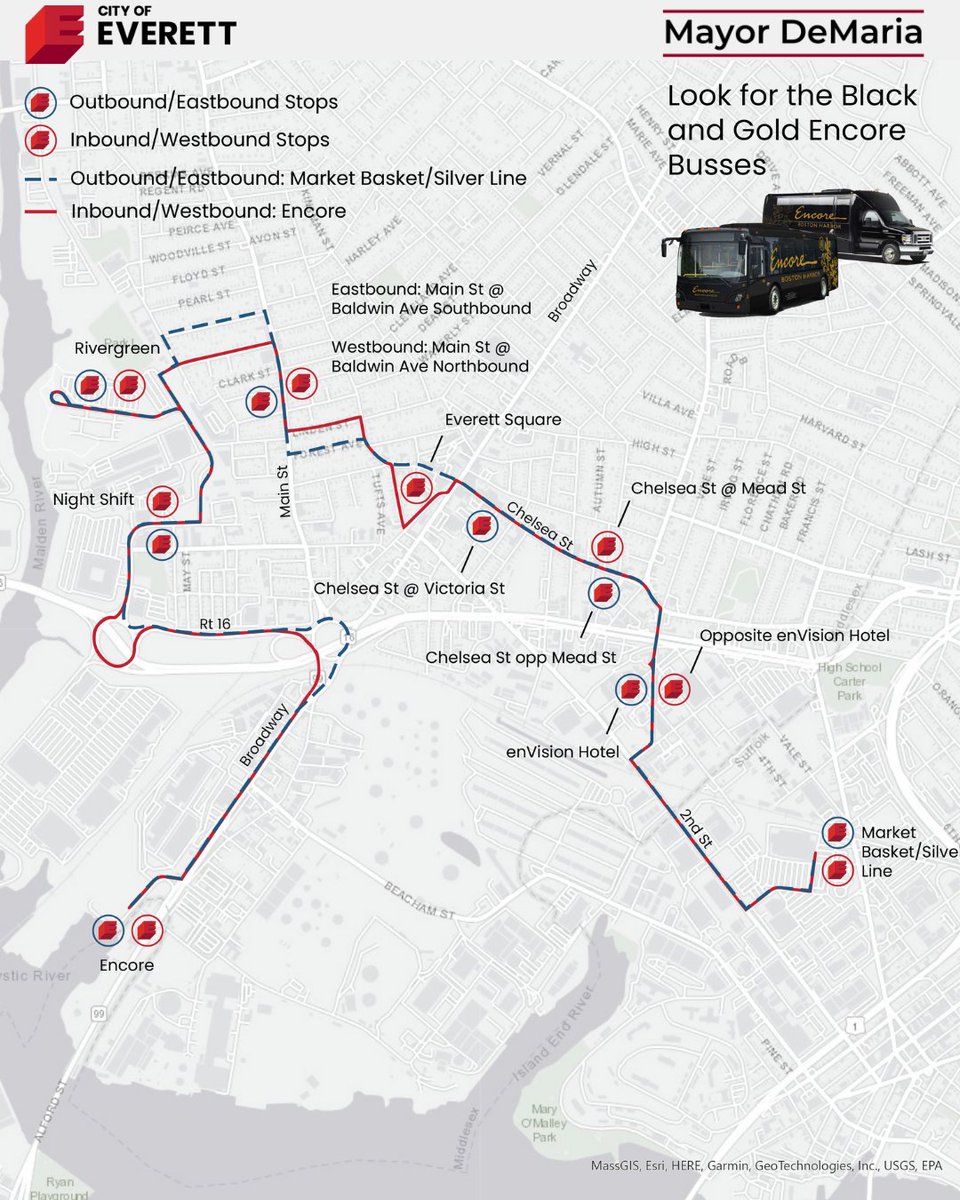 Mayor_DeMaria's tweet photo. The Encore Neighborhood Runner Shuttle is a joint service between the City and Encore Casino. A FREE SERVICE that runs between the Encore Casino and Market Basket in Chelsea via Everett Square. For more info on the map and schedule, please follow this link https://t.co/pICnC7y3jv https://t.co/Zkbb62QS5J