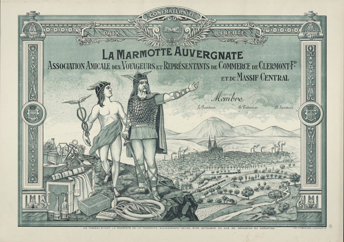 La Marmotte auvergnate 1924-1933. Sur un promontoire, Vercingétorix et Mercure montrent la ville. A leurs pieds, produits de l'industrie, de l'agriculture et de l'artisanat auvergnats : pneus, fruits confits, eaux minérales, liqueurs, charrue urlz.fr/lVhr #patrimoine