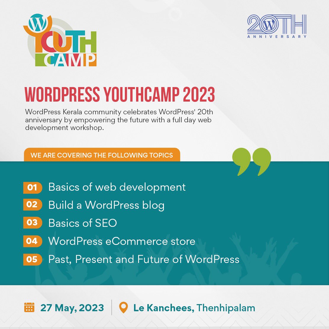 wpkozhikode's tweet photo. Only seven more days for our much awaited first @WordPress YouthCamp in India.
#WordPress #WPDay #WPYouthCamp #NewGenWordCamp #MiniWordCamp https://t.co/x7f2GlrTjk