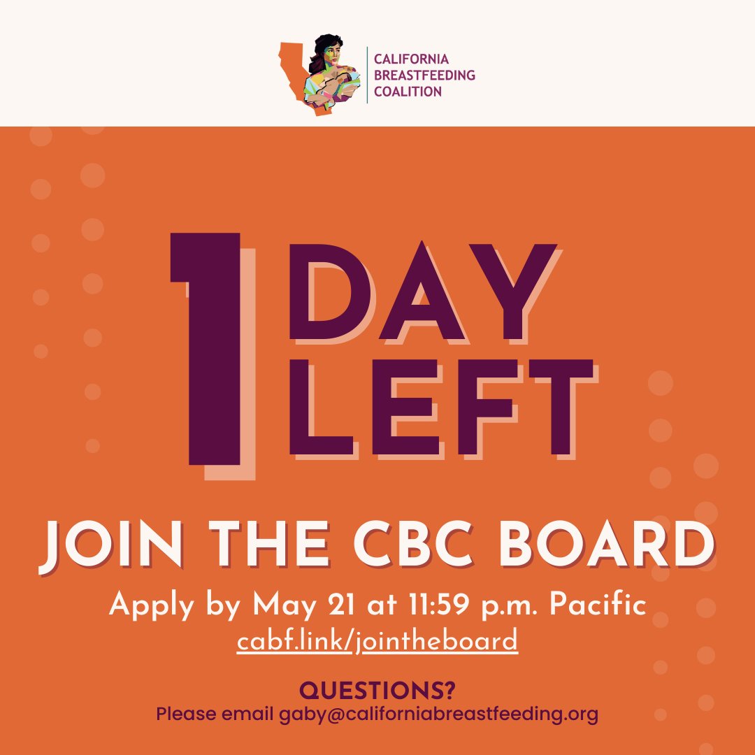 Have you applied to join our Board? You have 1 more day to submit your application and influence our organization for the next TWO YEARS! The deadline to apply is May 21 at 11:59 p.m. PT. Interviews begin May 30. cabf.link/jointheboard

#humanmilkhumanright #lactationadvocate