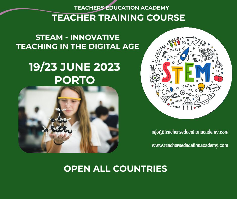 Teacher Training Course STEAM - Innovative teaching in the digital age 19/23 June 2023 PORTO For more information, please contact by e-mail. info@teacherseducationacademy.com #digital #creative #teachertraining #educators #teaching #education #erasmusplus #erasmusplusproject