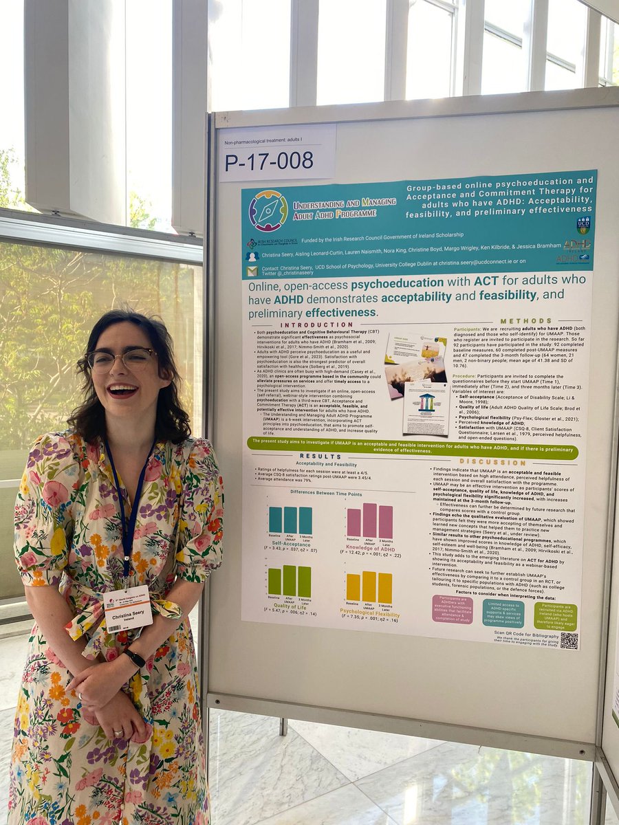 _christinaseery's tweet photo. Really enjoyed getting to talk about our @adhdireland @NCP_AdultADHD @UCDPsychology’s work developing and evaluating UMAAP at the #WCADHD2023 today! Our community-based psychoed with ACT shows acceptability, feasibility and prelim effectiveness ✨ #UCDPsychologyOnTour https://t.co/0MennUdebo