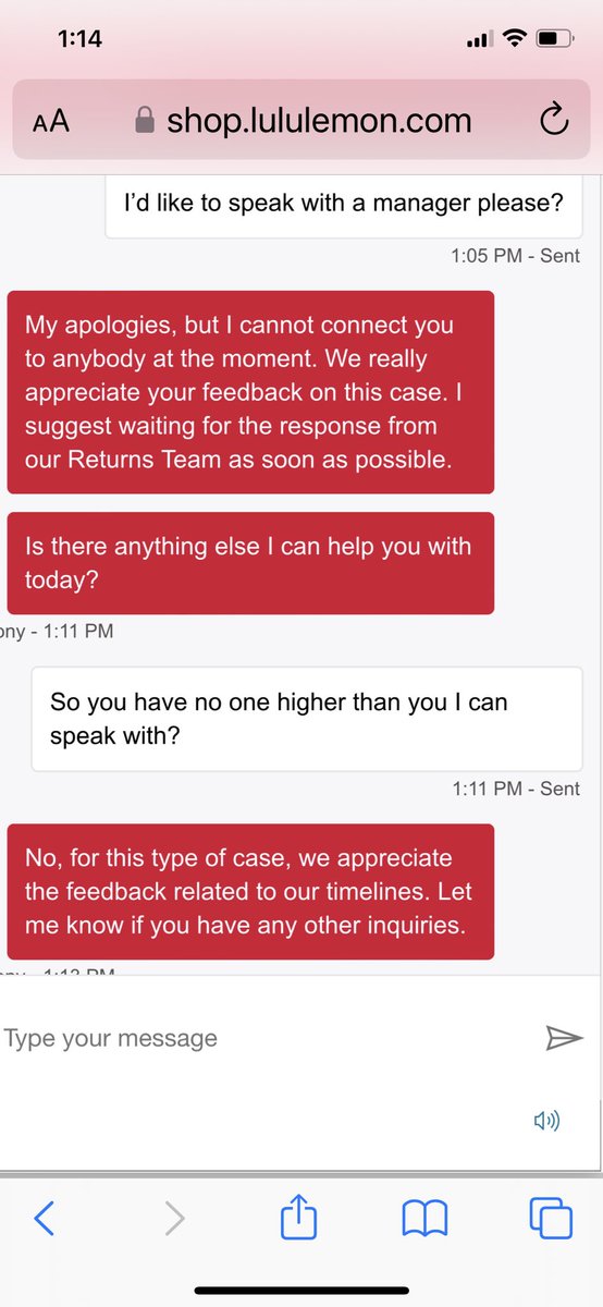 CurranTL1990's tweet photo. @lululemon very disappointed in your customer service. Been waiting a month to replace an item of poor quality. Your customer service people are zero help. Tried to speak to a manager and agent named Anthony refused to connect me. https://t.co/67Mh8sL8MY