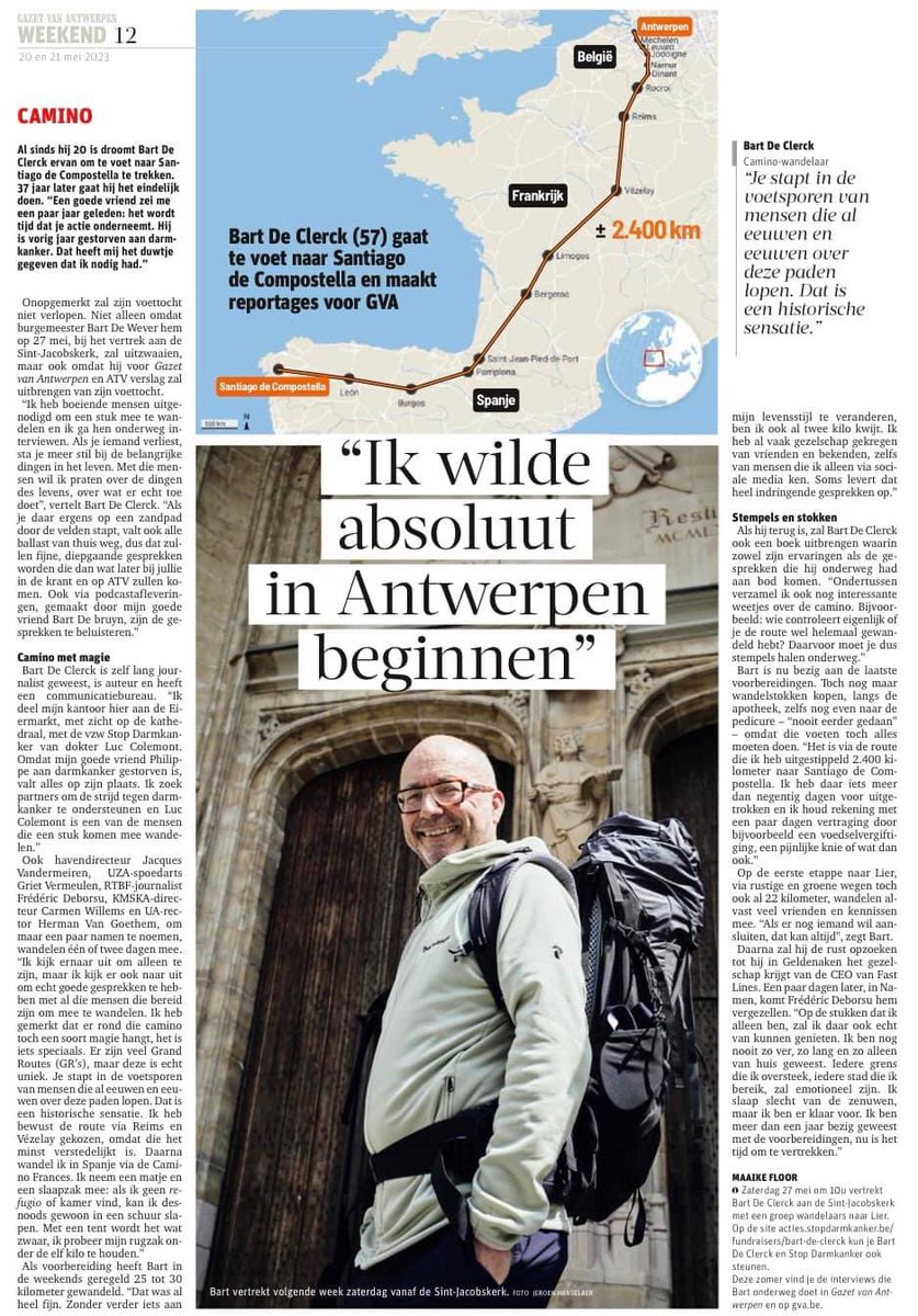 bartdecl's tweet photo. Volgende week 27/5 vertrek ik om 10 u aan Sint-Jacob in Antwerpen… Vandaag te lezen in @gva 
Kom gerust afscheid nemen. Dat zou mij en @LucColemont van @StopDarmkanker bijzonder veel plezier doen… Ons steunen via deze link mag natuurlijk ook altijd: https://t.co/gZPOmF7V5a https://t.co/1xEBXX5NPL