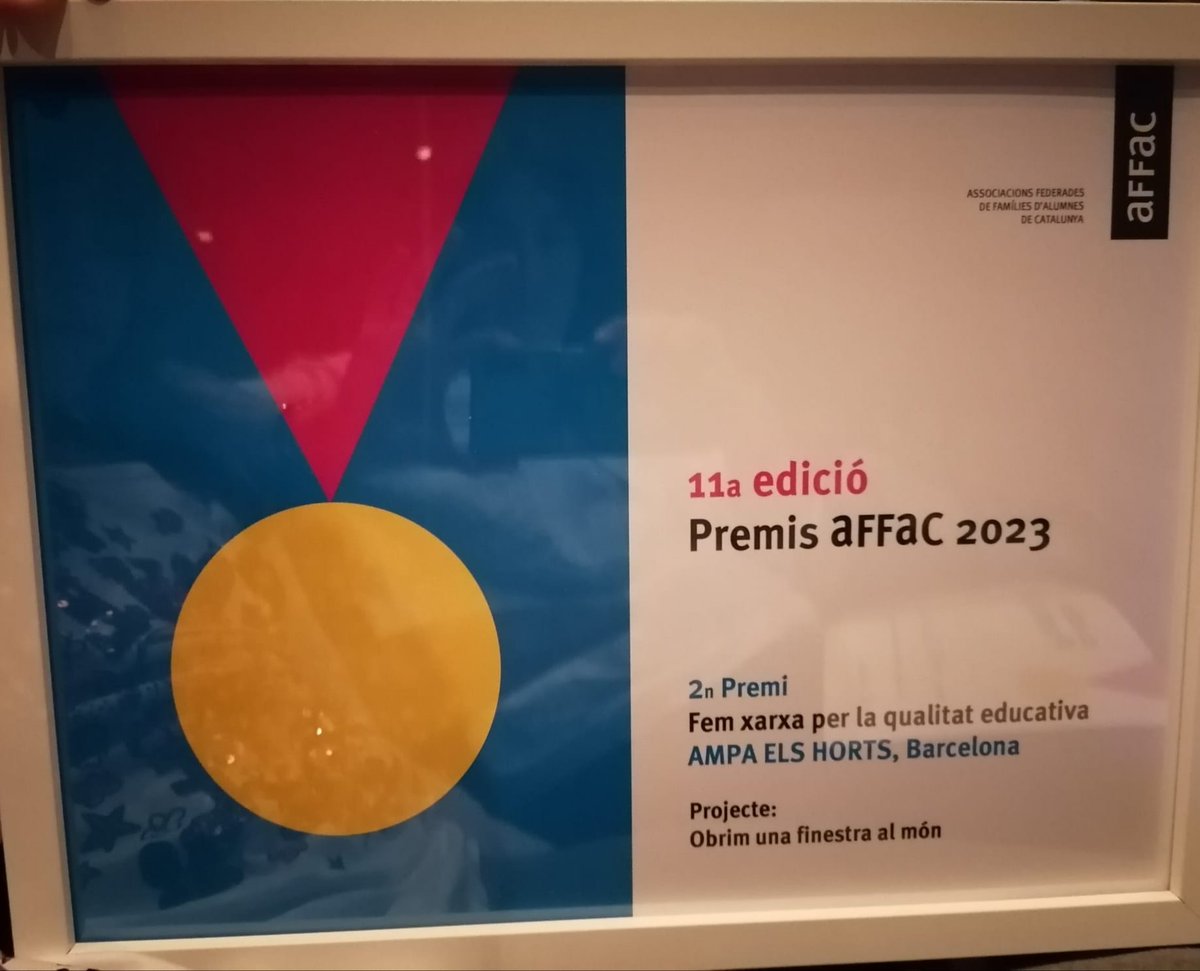 escolaelshorts's tweet photo. #AMPA_elsHorts , amb el projecte "Obrim una finestra al món", queda 2n a l'11a edició dels #PremisAFFAC2023 . Enhorabona pel reconeixement! Bona feina!
#femxarxa
#qualitateducativa
#participacioAMPA
#projecteseducatius https://t.co/6CAQRYCnRp