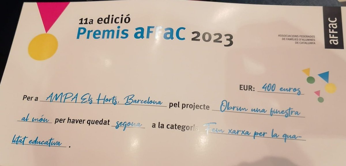 escolaelshorts's tweet photo. #AMPA_elsHorts , amb el projecte "Obrim una finestra al món", queda 2n a l'11a edició dels #PremisAFFAC2023 . Enhorabona pel reconeixement! Bona feina!
#femxarxa
#qualitateducativa
#participacioAMPA
#projecteseducatius https://t.co/6CAQRYCnRp