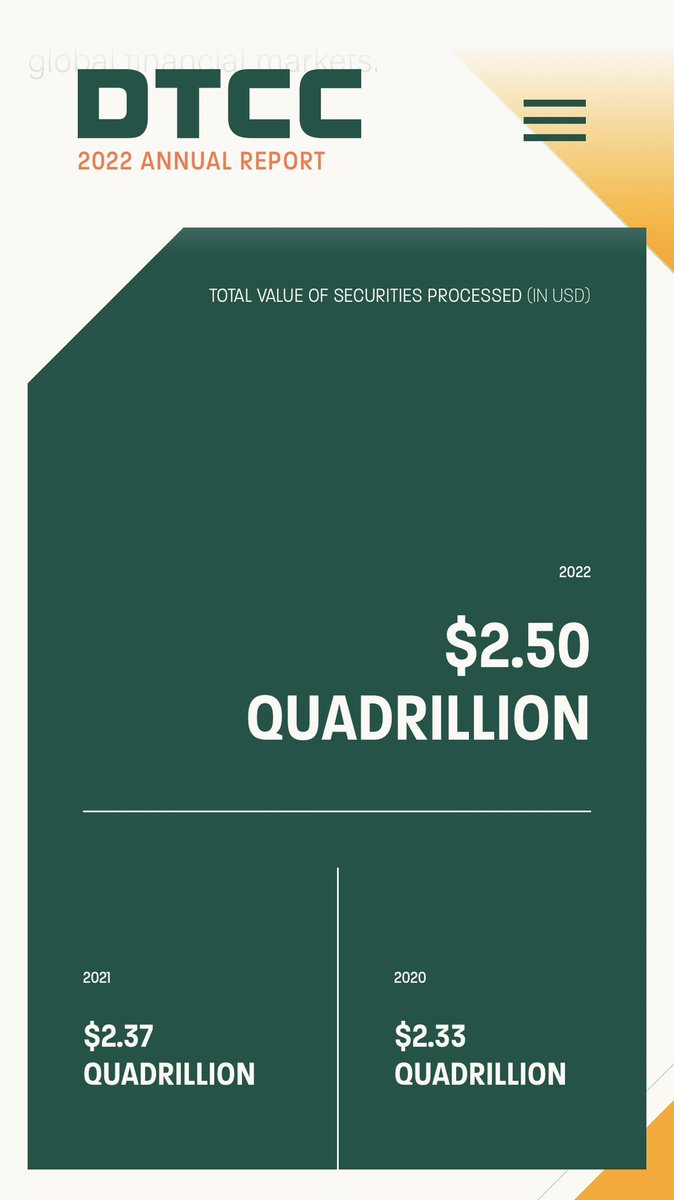 1/7

After one of my last threads people complained $ETH couldn't 20x because that would make it bigger than the largest companies.

But ETH isn't a company. It's a trustless settlement protocol.

Last year $2.5 QUADRILLION in securities were processed through clearing houses.