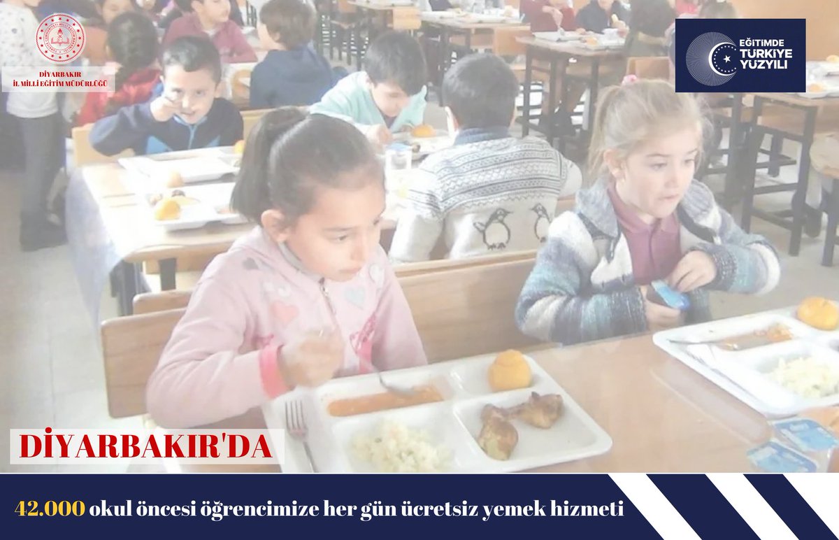 💫 Diyarbakır'da, 4⃣2⃣.0️⃣0️⃣0️⃣ okul öncesi öğrencimize her gün ücretsiz yemek hizmeti.

#EğitimdeTürkiyeYüzyılı

<a href="/tcmeb/">Millî Eğitim Bakanlığı</a> 
<a href="/prof_mahmutozer/">Mahmut Özer</a> 
<a href="/Murat4Kucukali/">Murat Küçükali</a>