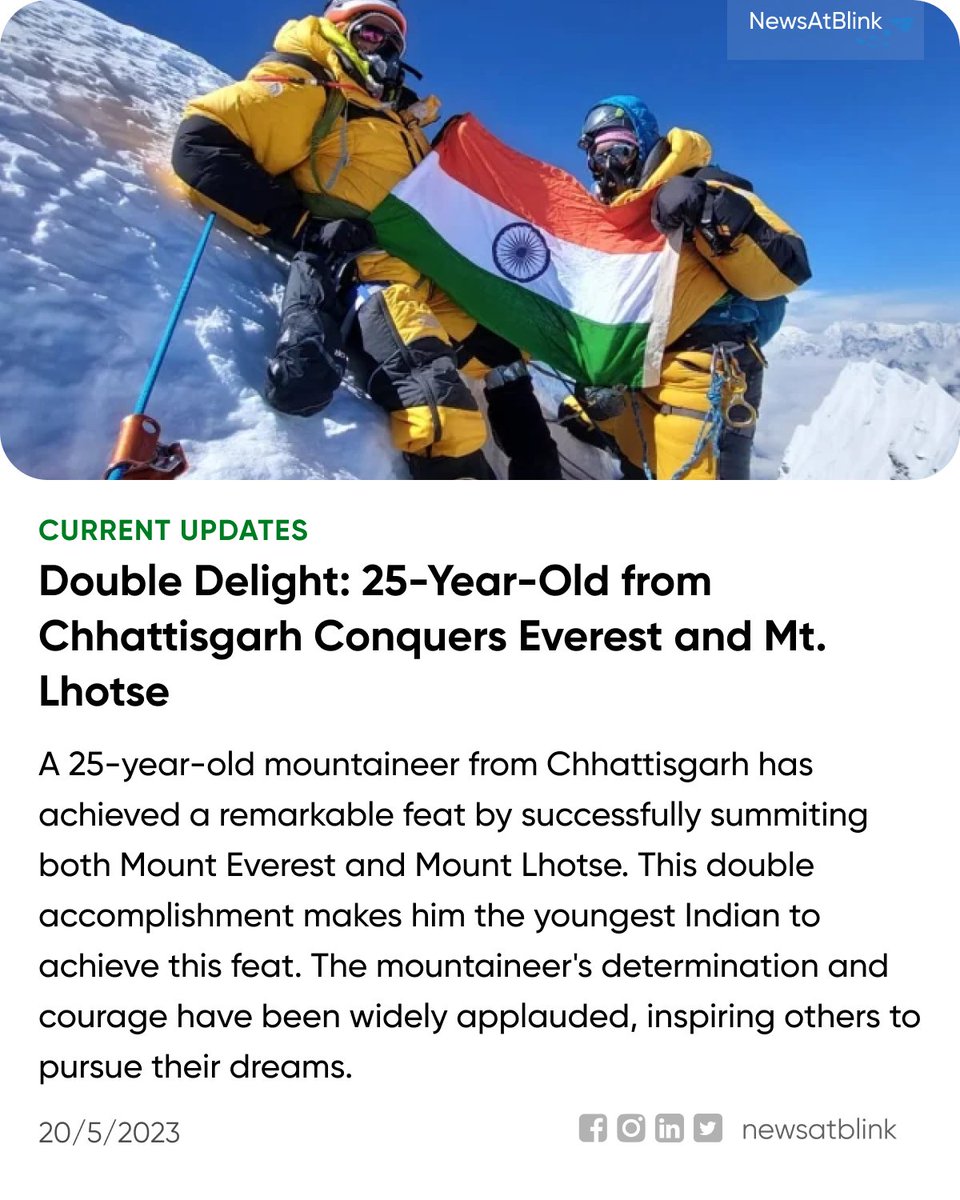 #MountaineeringAchievement #EverestConquest #LhotseSummit #YoungestIndian #InspiringFeats #DreamsComeTrue #ChhattisgarhPride #MountaineeringAdventure #Determination #Courage #DreamBig #ConquerTheMountains #MtEverest

To know more about it refer “indianexpress.com/article/india/…'