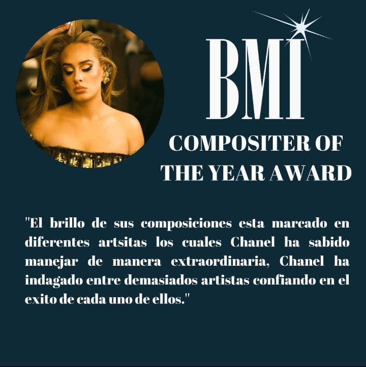 chanelizers's tweet photo. 🏆Chanel se lleva 5 galardones BMI, entre ellos Compositor del Año. https://t.co/TJ6ktVVaQK