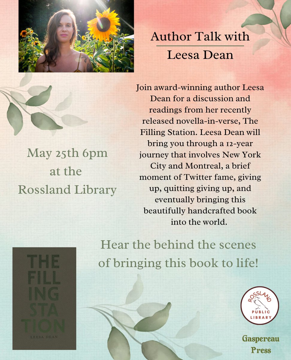 Author Talk with Leesa Dean at the Rossland Library Thursday May 25th at 6pm!⁠ ⁠
⁠
 Join award-winning author Leesa Dean for a discussion and readings from her recently released novella-in-verse, The Filling Station. ⁠ ⁠
⁠