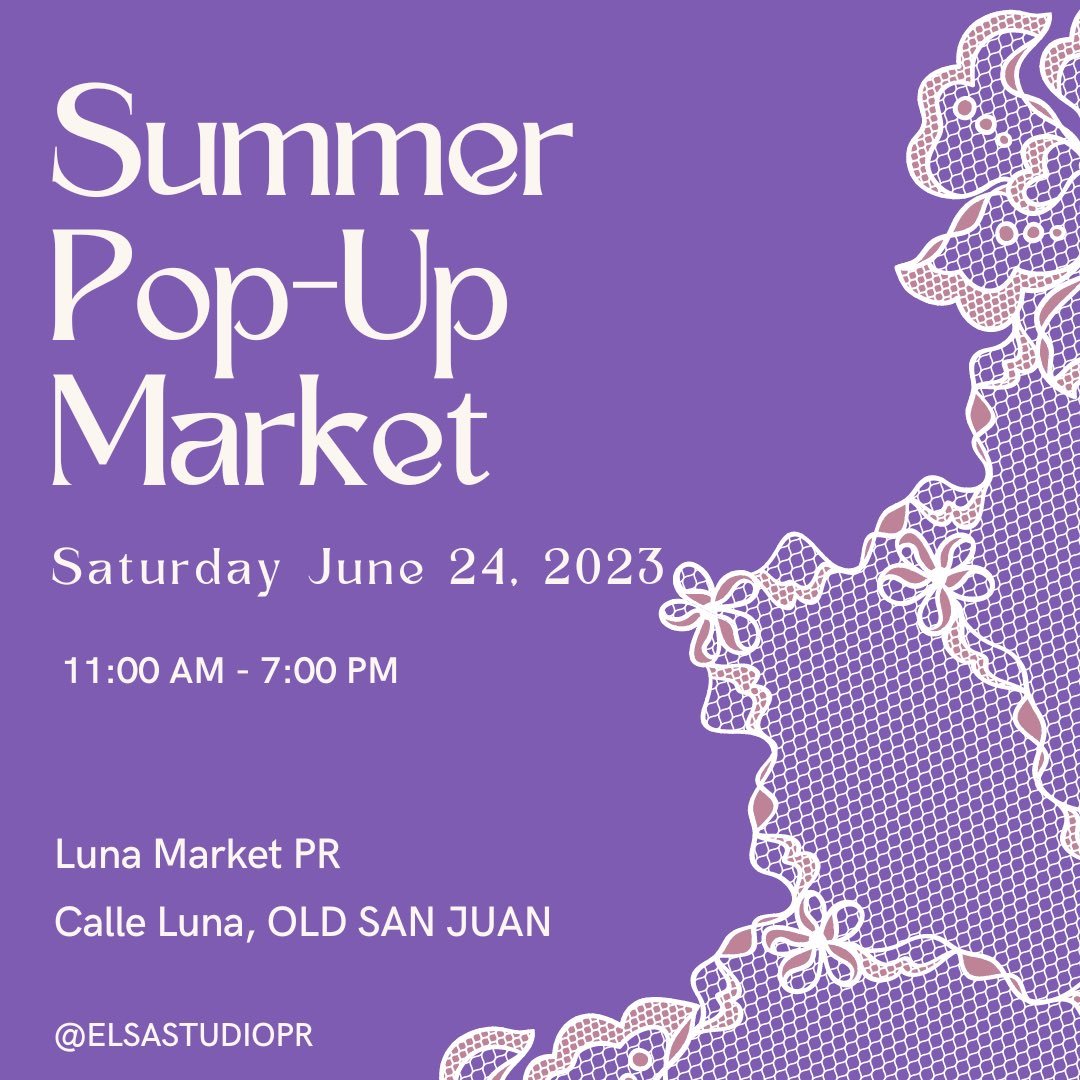 ElsaStudioPR's tweet photo. 🛍️ ¡Summer Pop-Up Market!💜

✍🏼 Sábado Junio 24

☆ Venta Colección Primavera/Verano
☆ Piezas de traje de baño
☆ Toma de medidas ¡Gratis!
☆ Venta de muestras - únicas piezas con descuento

📍Luna Market PR 
Calle Luna, Viejo San Juan

⏰ 11:00am - 7:00pm

Te esperamos 🛍️👯‍♀️ https://t.co/LFIzl5mznO