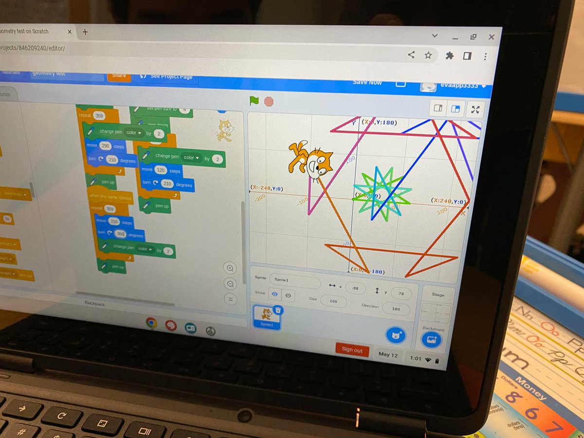 PCInnoInstitute's tweet photo. #PCGrade2 Ss were used knowledge of the square/coordinate plane and a base code to manipulate and create spirographic masterpieces. Shifting the movement control from coordinates to angles and lengths will help our students with programming versatility. #STEMeducation #PCCompSci https://t.co/7jwqa2Naef