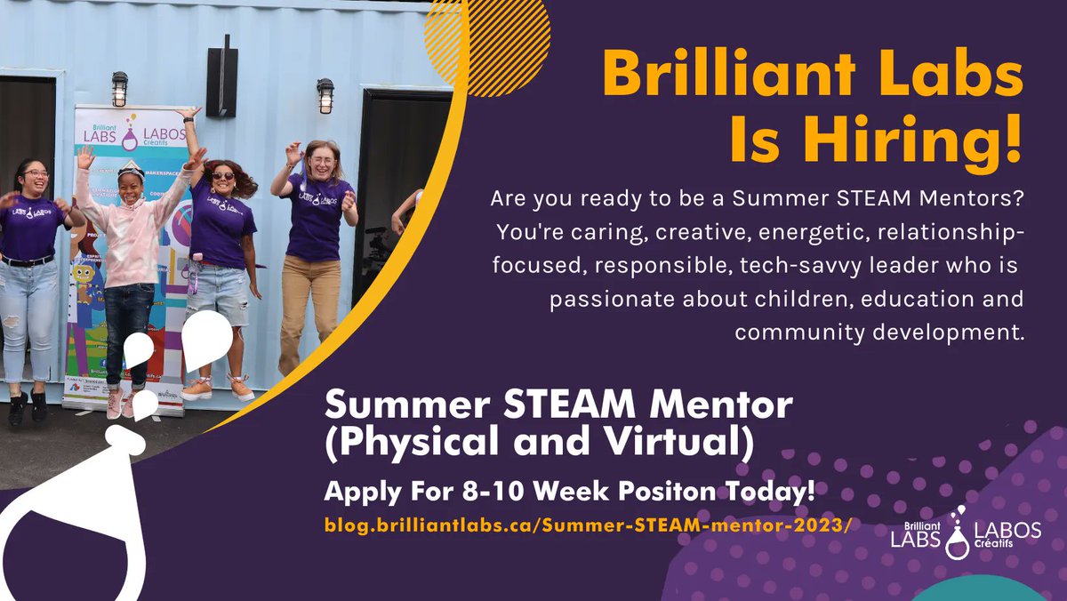 brilliant_labs's tweet image. Brilliant Labs is hiring! Are you ready to be an After-School or Summer STEAM Mentor? You're a caring, creative, energetic, responsible, tech-savvy leader who is passionate about children, education and community development. Apply today: buff.ly/41XHoEI 
#CanCode #Hiring