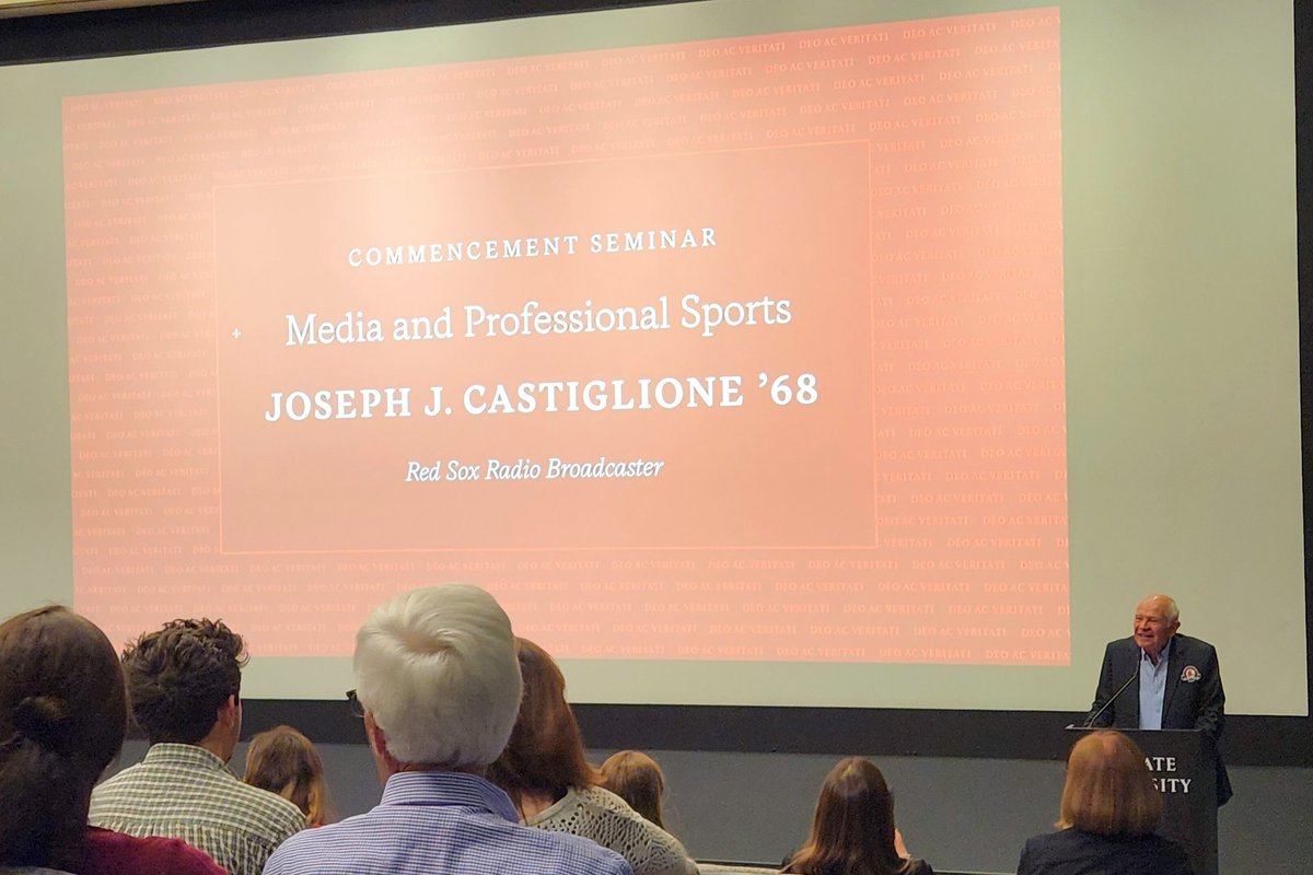 colgateuniv's tweet photo. Joe Castiglione โ68, @RedSox Radio Broadcaster, speaks about his experience in media and broadcasting and how his liberal arts education influenced him. #Colgate2023 https://t.co/vK3eQ9XC4B